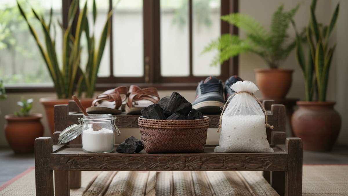 Foto baking soda, arang aktif, dan silica gel sebagai penyerap bau alami di rak sepatu.