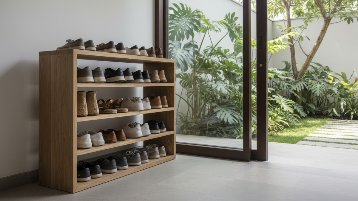 Rak sepatu dengan sirkulasi udara baik dan jarak antar sepatu cukup lega.