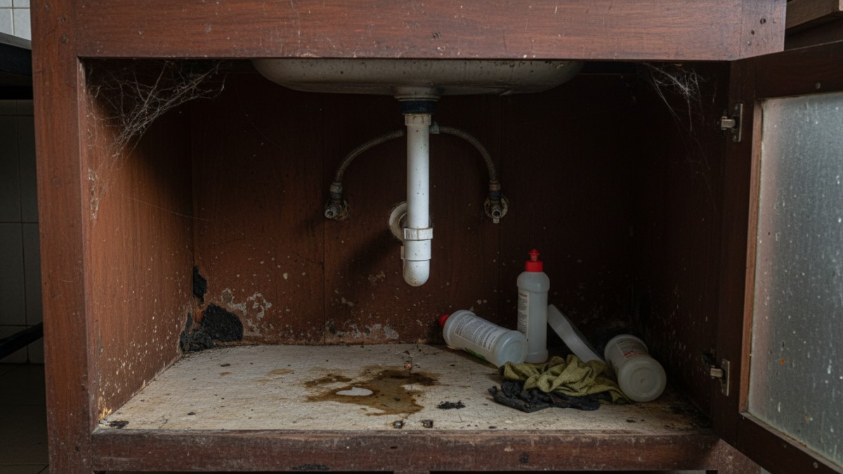 Kabinet bawah wastafel dapur yang lembap dan menghitam akibat kebocoran pipa dan sirkulasi buruk.