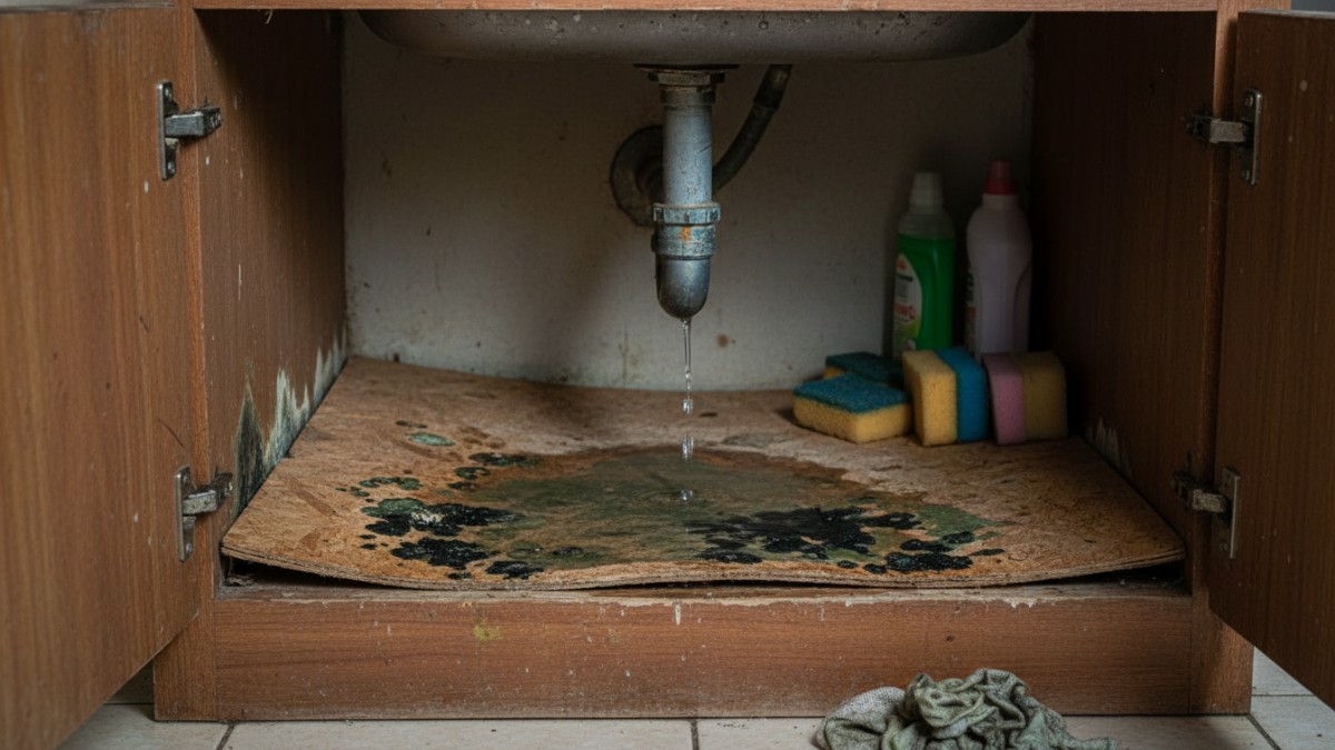 Detail pipa wastafel bocor kecil yang menyebabkan area kabinet basah dan berjamur.