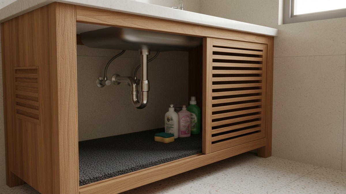 Rak bawah wastafel dengan ventilasi tambahan dan alas anti air.