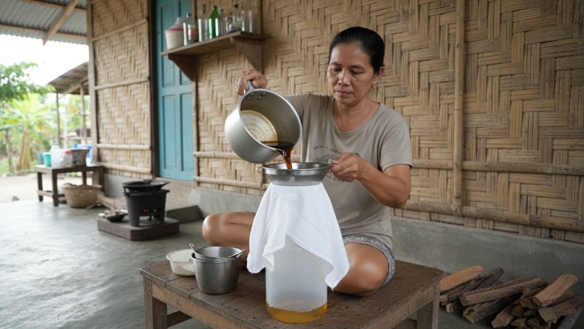 Proses penyaringan minyak bekas menggunakan kain katun bersih.
