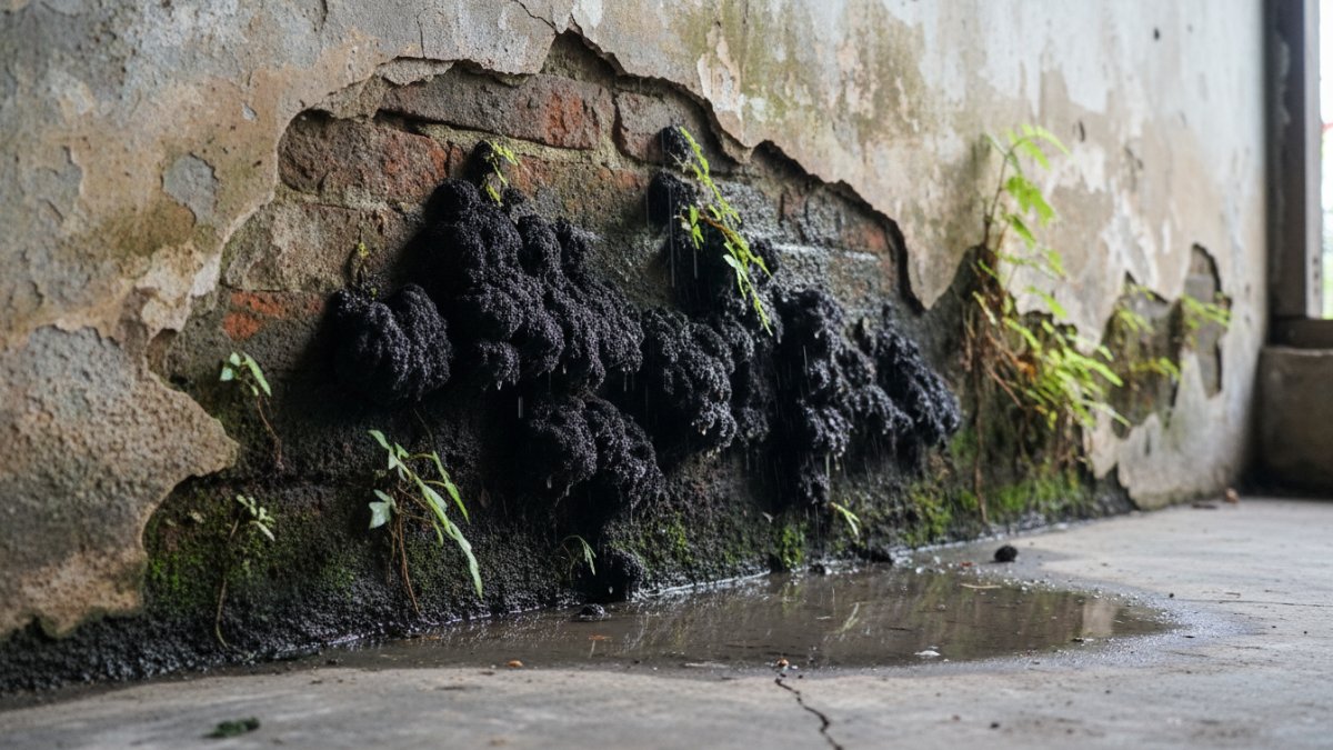Jamur hitam muncul di sudut dinding akibat kelembapan tinggi.