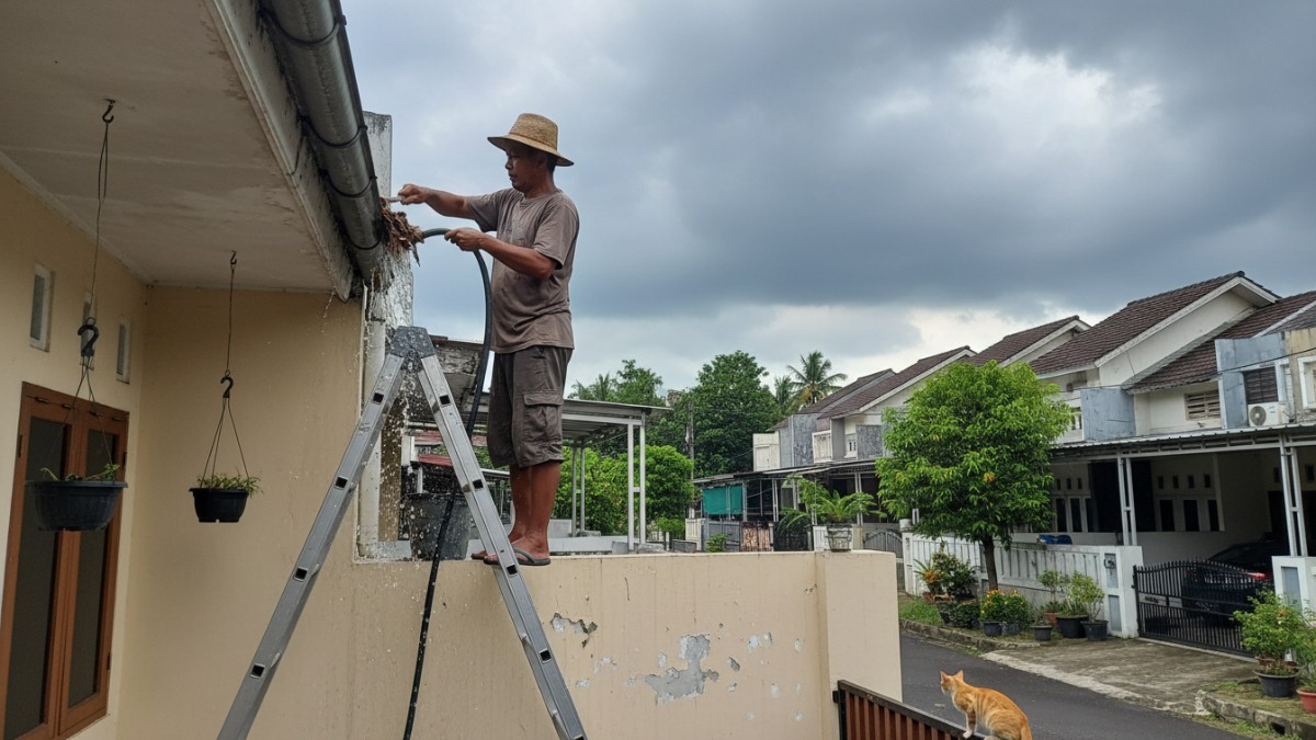 Talang air rumah dibersihkan sebelum musim hujan tiba.