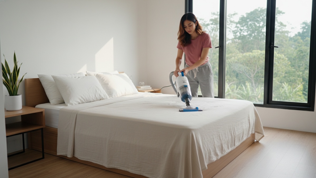 Seseorang membersihkan kasur dengan vacuum cleaner filter HEPA di kamar minimalis.