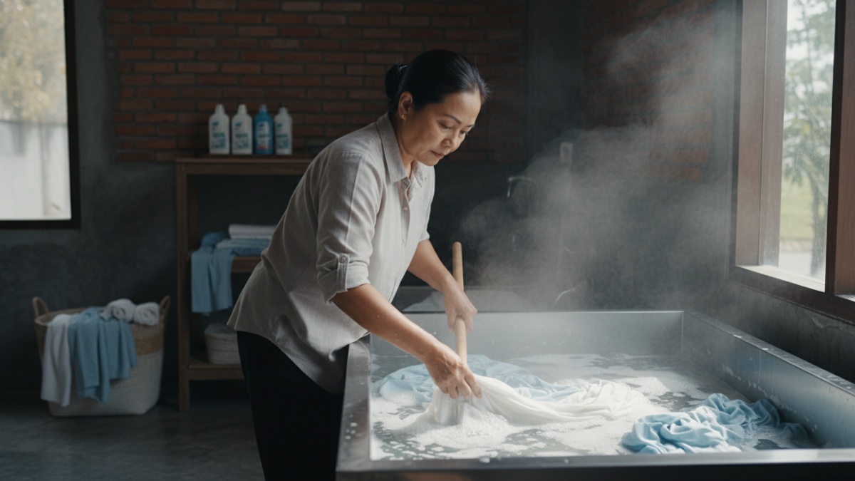 Proses mencuci seprai dengan air panas untuk membunuh tungau dan bakteri.