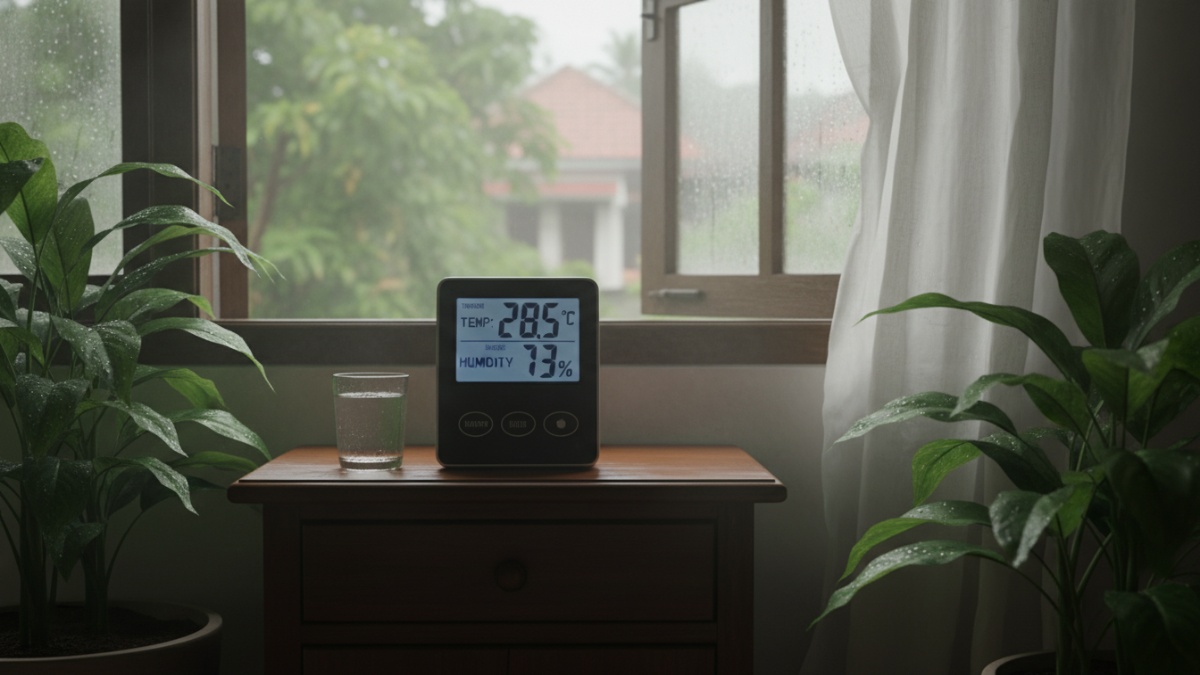 Termometer dan hygrometer menunjukkan kelembapan kamar di atas 70 persen.