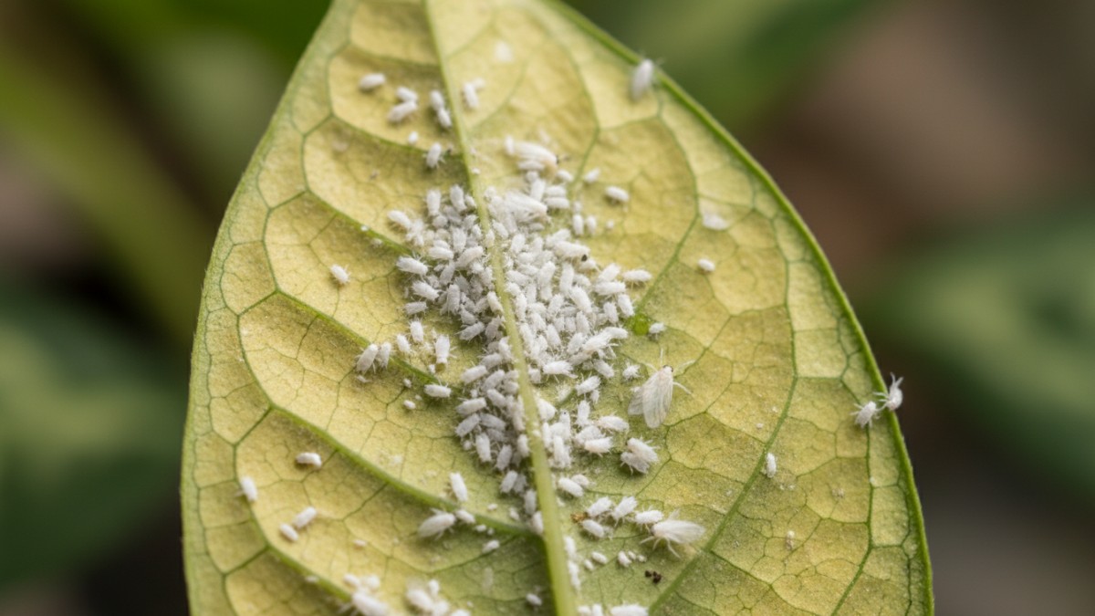 Close-up hama putih di permukaan daun tanaman hias yang mulai menguning