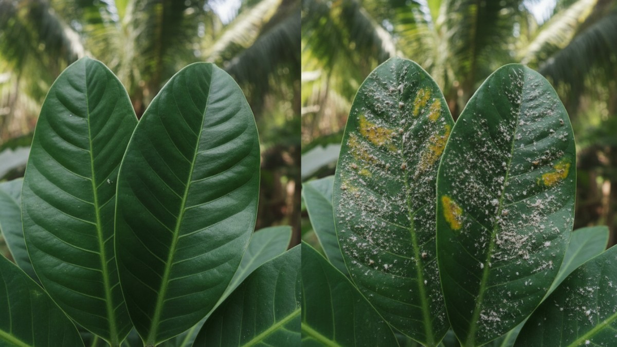 Perbandingan daun sehat dan daun yang terserang hama putih.