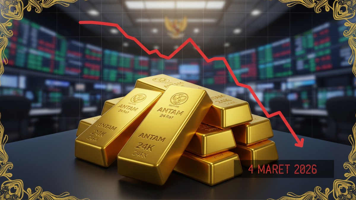 Harga emas Antam 4 Maret 2026 turun tajam. Cek rincian lengkap dan selisih buyback terbaru. Simak info selengkapnya disini Cess!