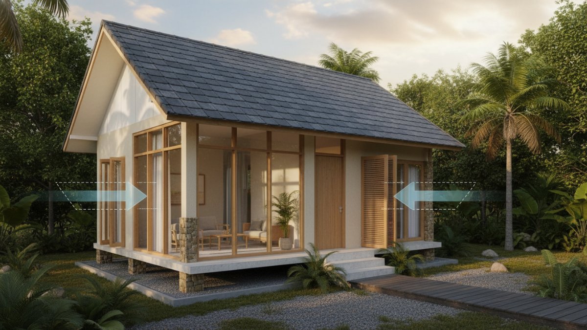 Diagram sederhana ventilasi silang pada rumah tipe kecil di iklim tropis Indonesia.