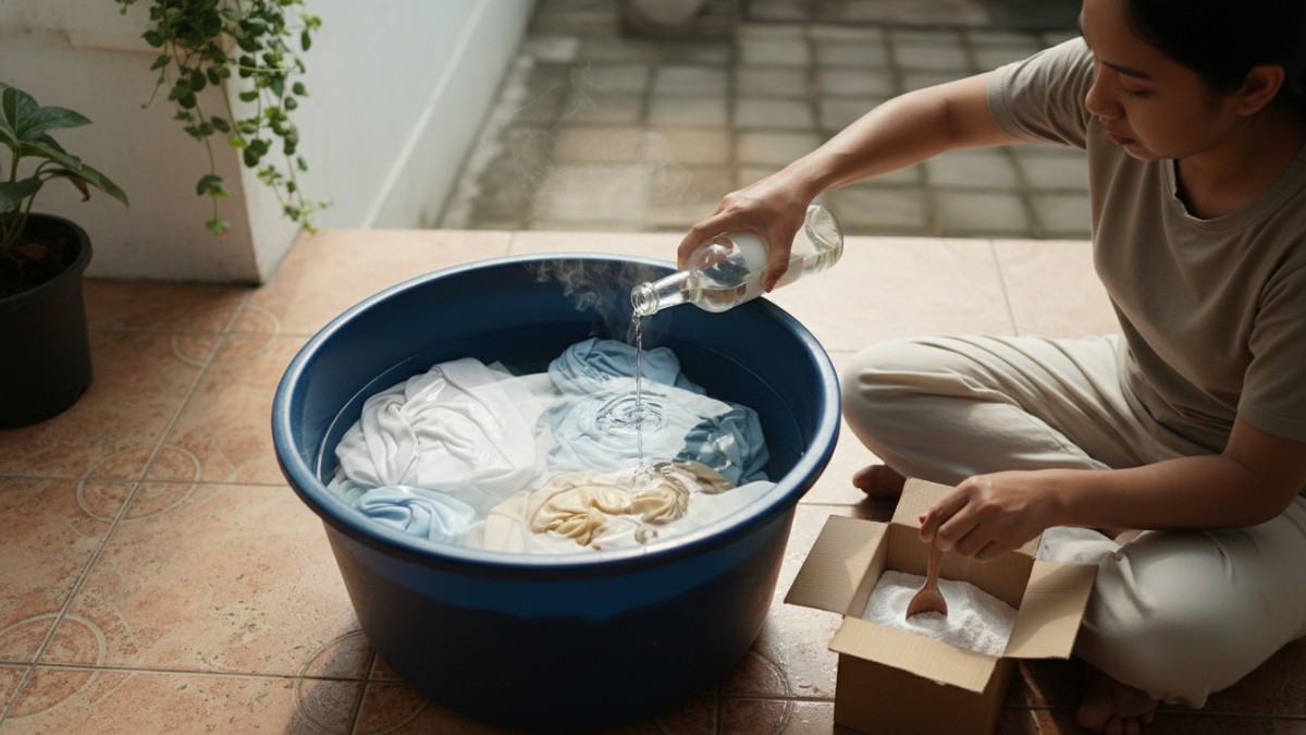 Proses perendaman pakaian dengan cuka putih dan baking soda di ember.