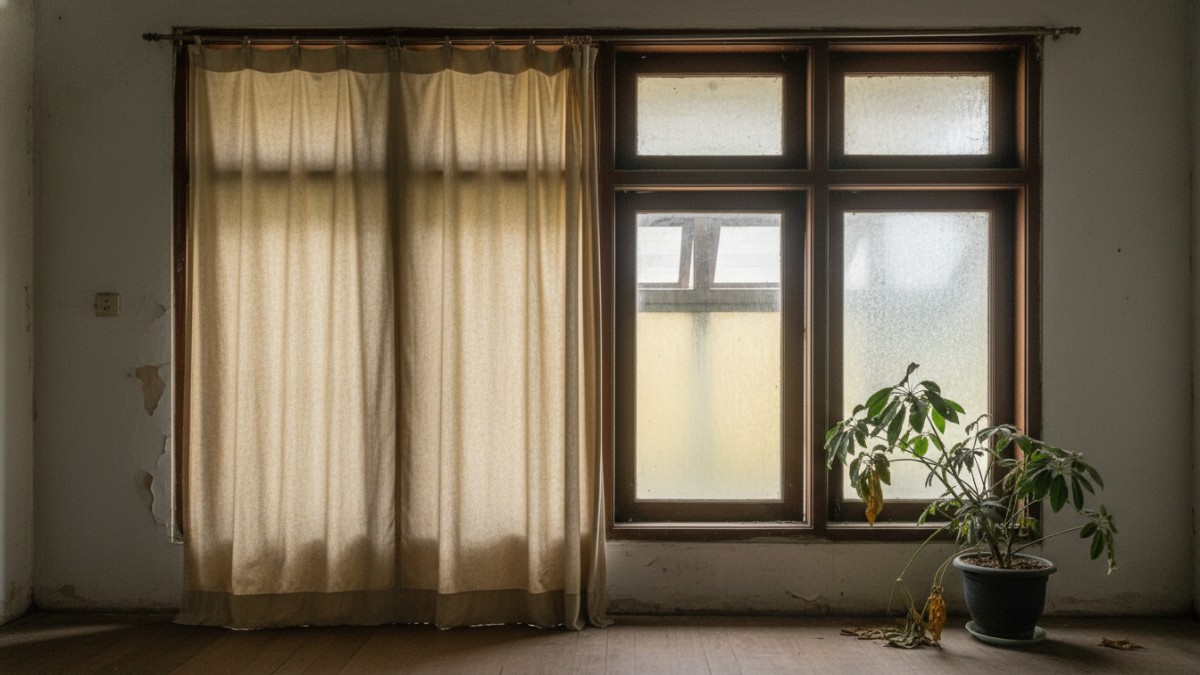 Contoh jendela tertutup rapat tanpa ventilasi tambahan yang memicu udara stagnan.