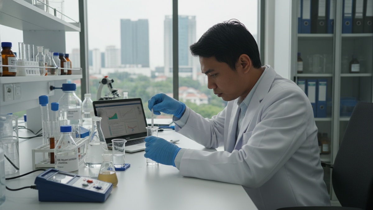 Teknisi melakukan uji laboratorium sampel air rumah.