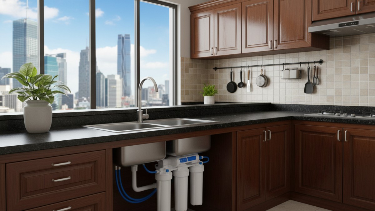 Sistem reverse osmosis terpasang di dapur modern.