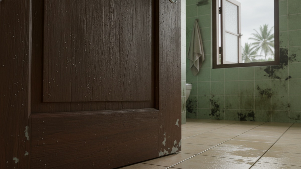 Pintu kamar mandi kayu terlihat mengganjal kusen akibat lembap, ilustrasi masalah pintu mengembang di rumah tropis.