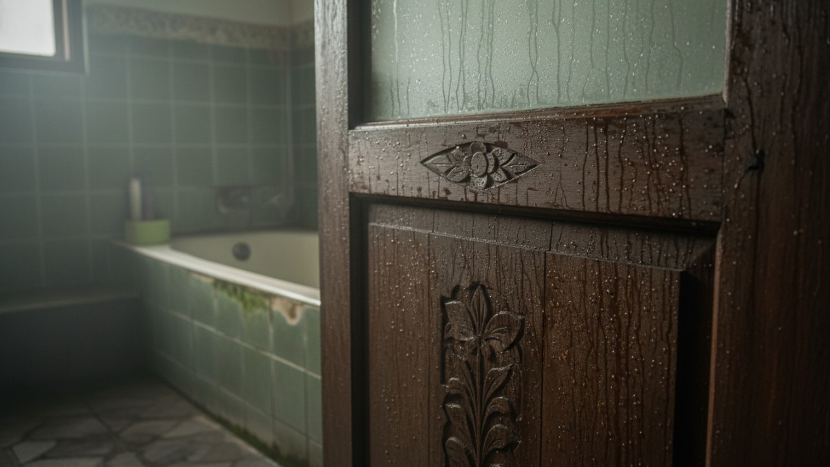 Detail serat kayu pintu kamar mandi yang menyerap uap air di ruang lembap.