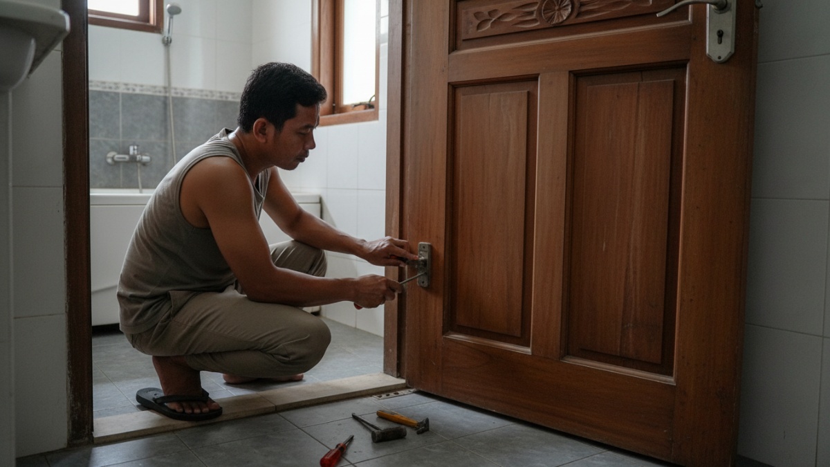 Tukang sedang menyetel engsel pintu kamar mandi yang turun.
