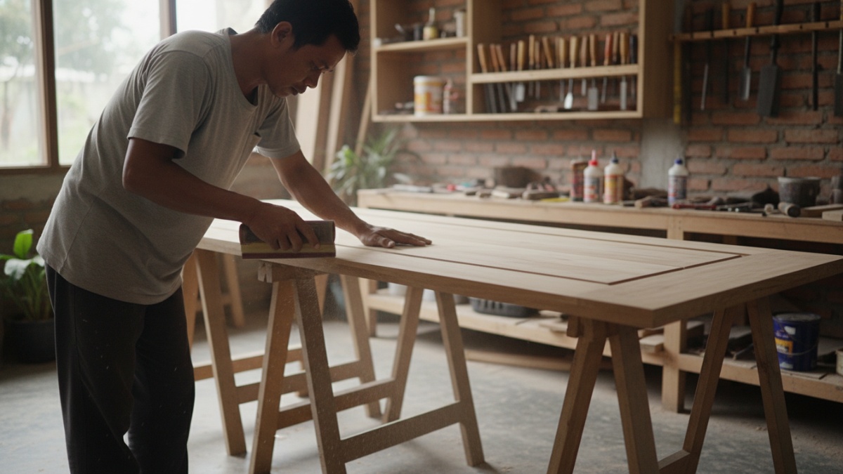 Proses pengamplasan tipis pada sisi pintu kayu agar kembali presisi.