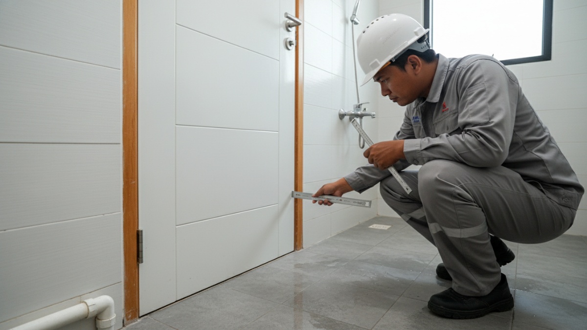 pengukuran celah antara daun pintu dan kusen sesuai standar.