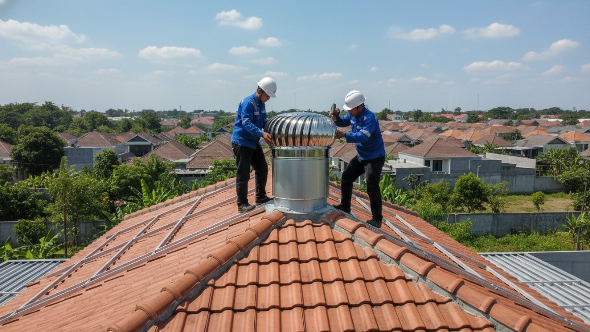 Pemasangan turbin ventilator atap untuk membantu mengeluarkan udara panas dari plafon.