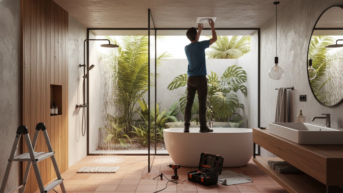 Pemasangan exhaust fan kecil di kamar mandi rumah tropis modern.