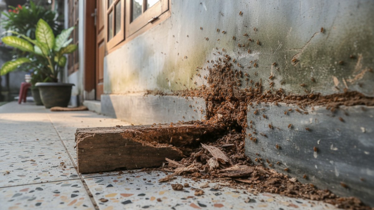 urnitur kayu rumah tropis yang rusak akibat serangan rayap dan pentingnya pencegahan ulang.