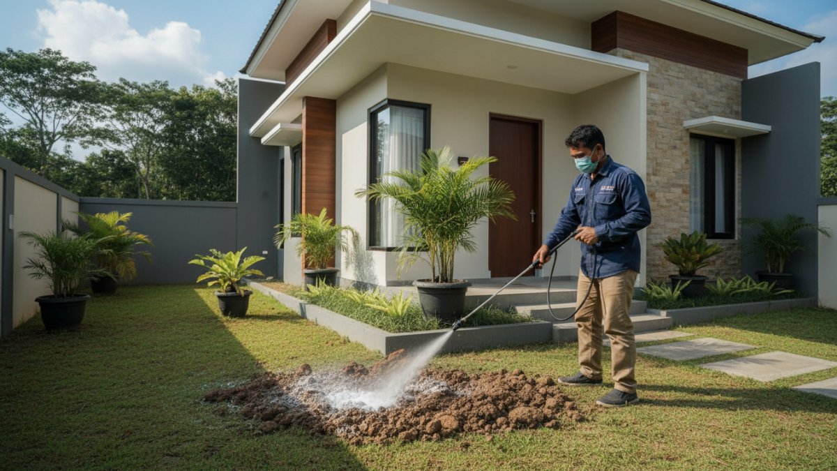Proses penyemprotan termitisida di sekitar fondasi rumah.
