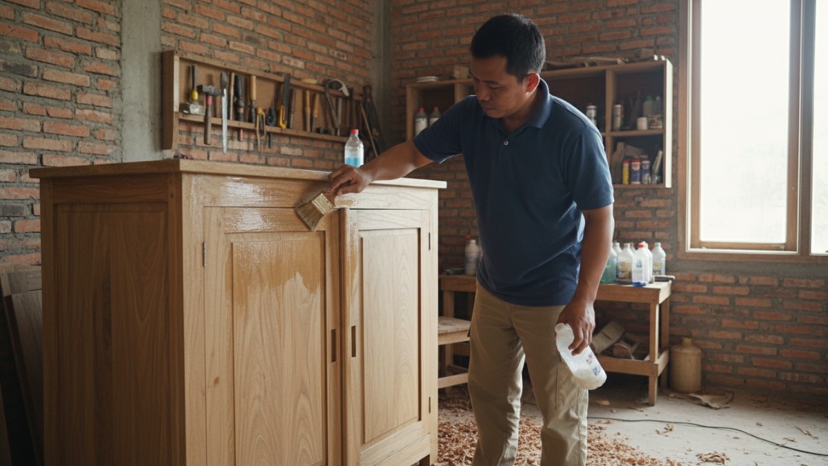 Aplikasi pelapis anti rayap pada permukaan kayu lemari.