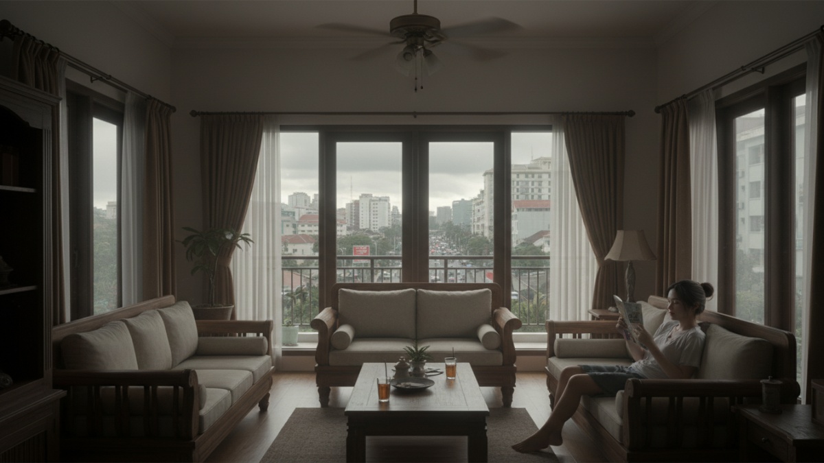 rumah tropis dengan ventilasi silang terbuka dan cahaya alami masuk, menggambarkan solusi atasi rumah pengap di iklim lembap.