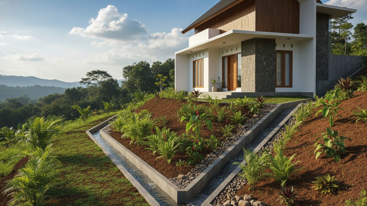 drainase rumah dengan kemiringan tanah menjauh dari bangunan.