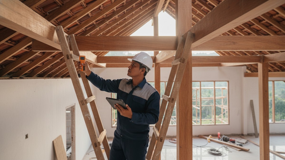 Teknisi melakukan inspeksi rutin struktur kayu rumah.