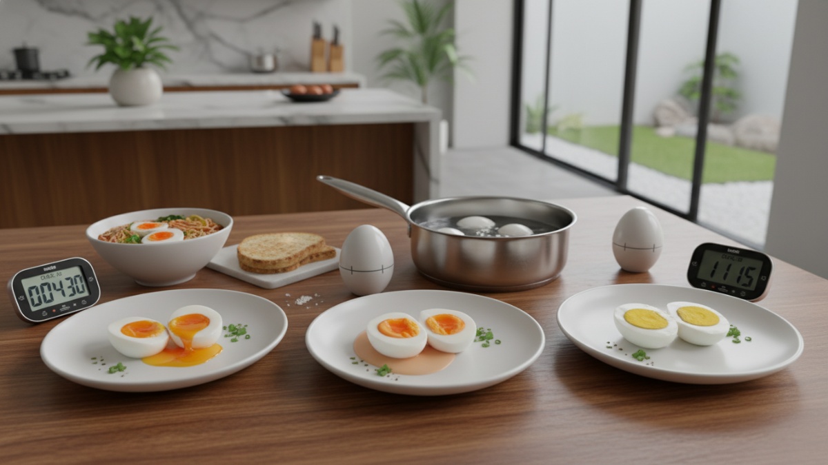 Telur rebus dengan tingkat kematangan berbeda dari kuning lumer hingga padat sebagai panduan durasi ideal.