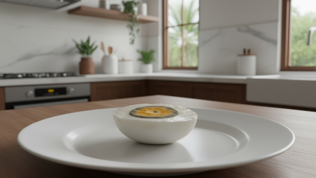 Contoh telur overcooked dengan cincin kehijauan di sekeliling kuningnya.