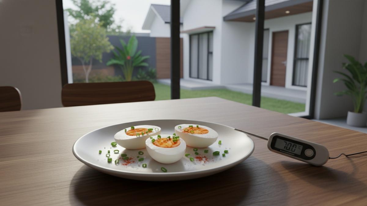 Termometer dapur menunjukkan suhu aman telur matang 70&deg;C.