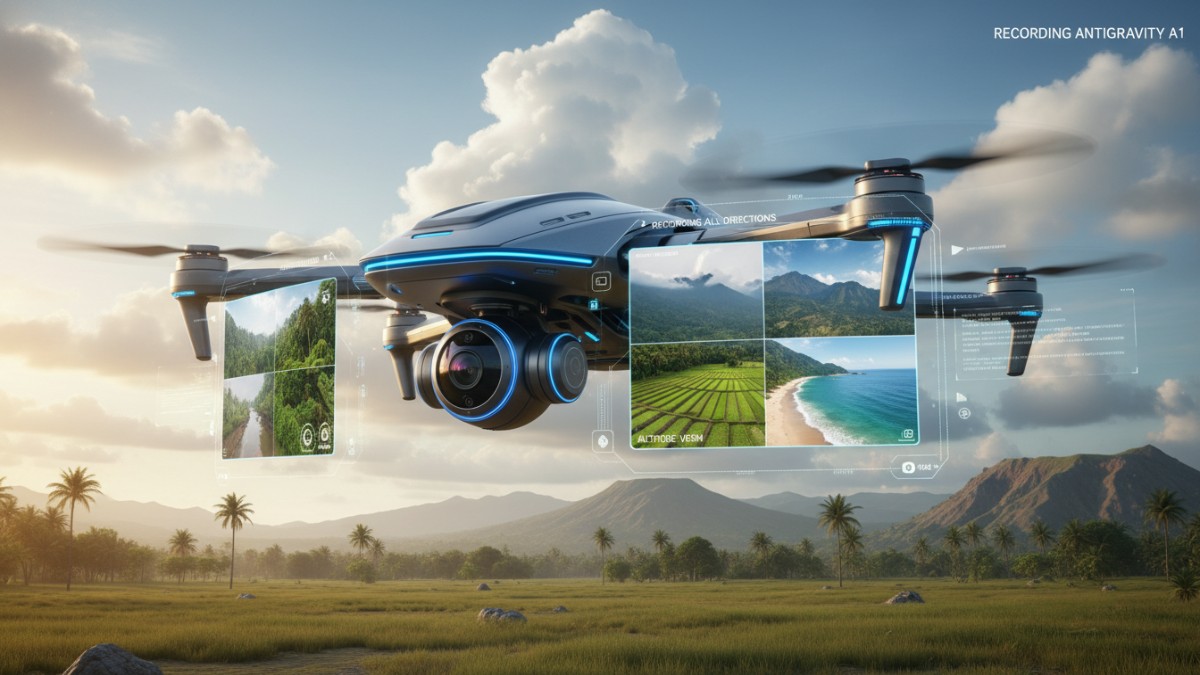 Drone Antigravity A1 terbang di atas lanskap terbuka dengan tampilan kamera 360&deg;, menggambarkan pengalaman rekam semua arah dalam satu kali terbang. 