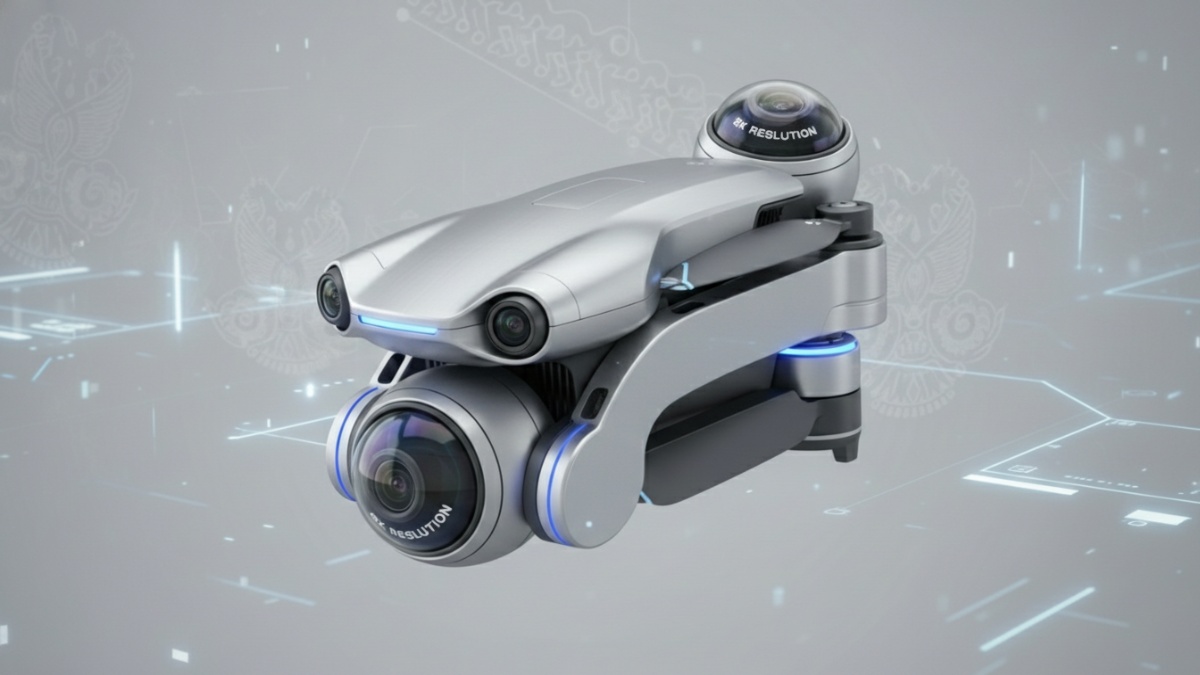 Close-up Antigravity A1 menunjukkan desain ringkas 249 gram dan dua sensor kamera 360&deg; beresolusi 8K. 