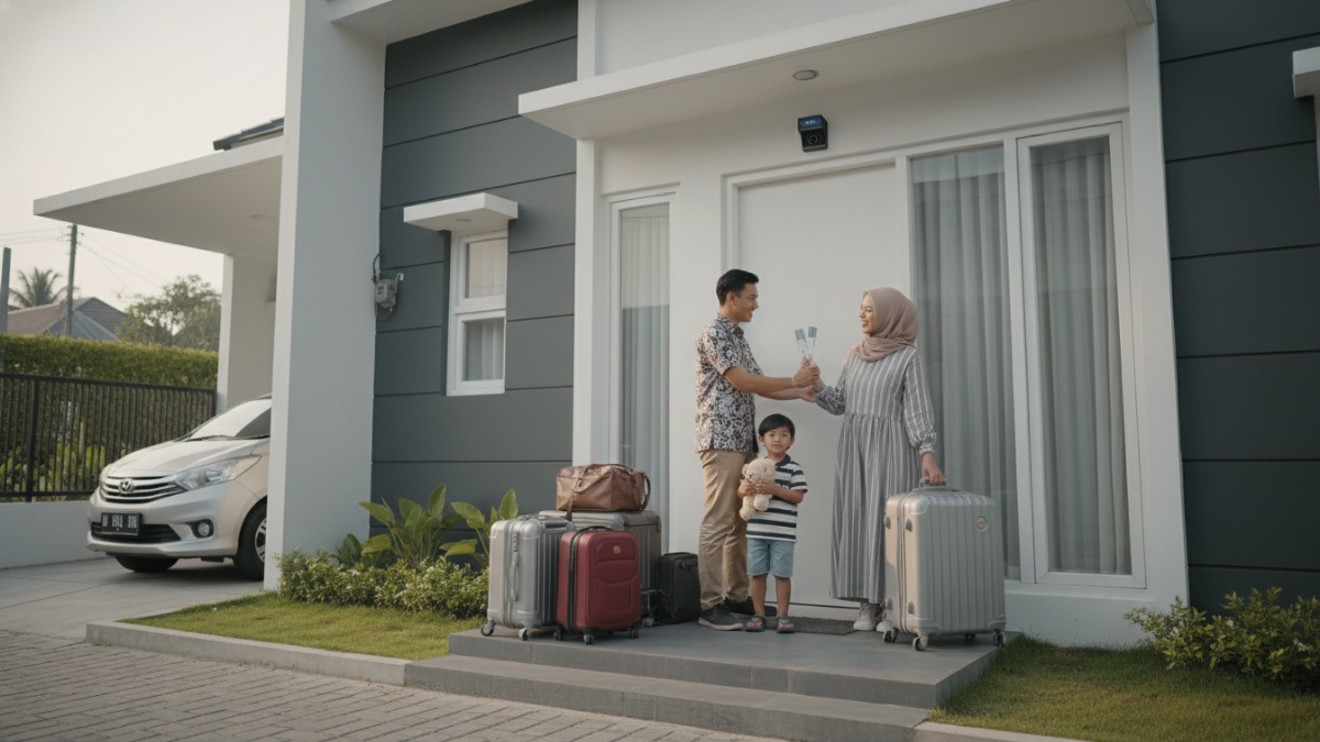 Ilustrasi rumah terkunci rapi saat mudik Lebaran dengan koper di depan pintu