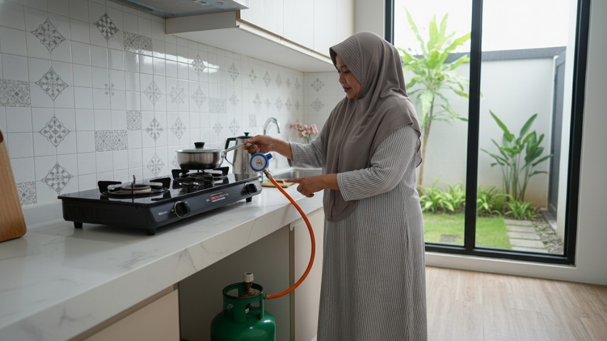 Regulator gas dilepas dari tabung sebagai langkah keamanan dapur.