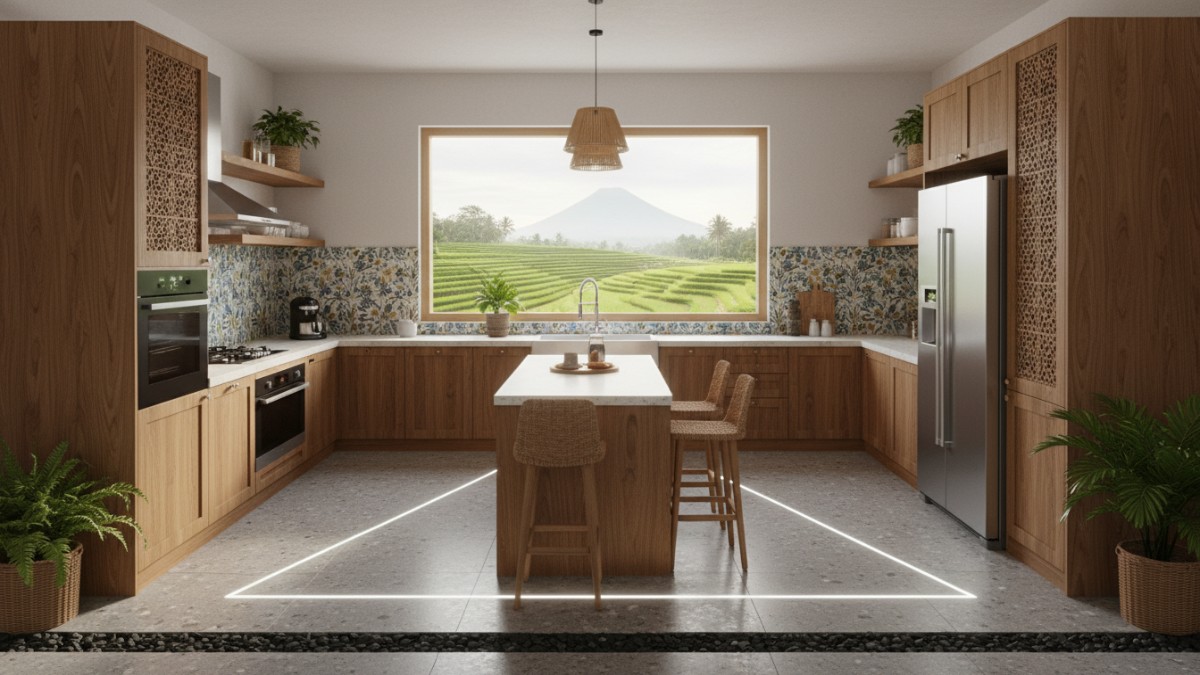 Ilustrasi konsep work triangle pada dapur minimalis modern.