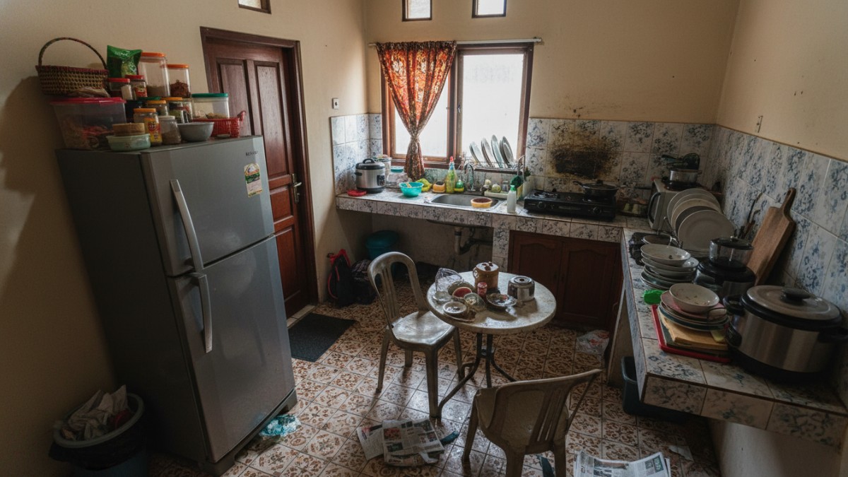 Contoh kesalahan tata letak dapur kecil yang membuat ruang terasa sempit.