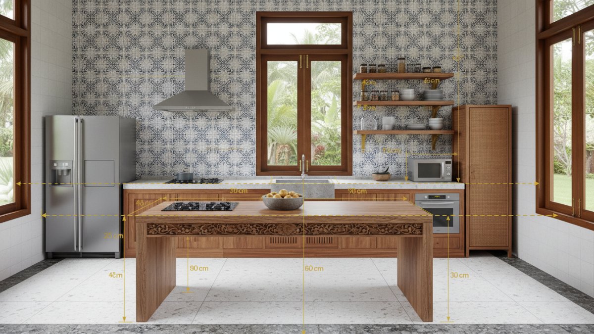 Diagram ukuran ideal countertop dan jarak aman antar peralatan dapur.