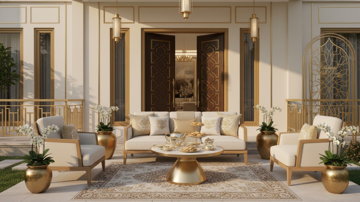 Teras rumah modern dengan kombinasi putih gading dan aksen emas doff, siap menyambut tamu Lebaran 2026 dengan kesan elegan.