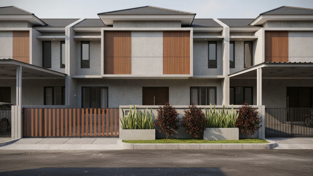 Deretan tanaman pagar pucuk merah rimbun mempercantik fasad rumah minimalis modern.