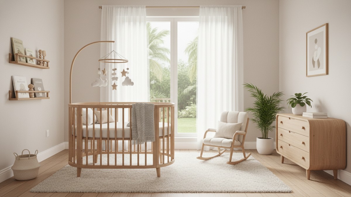Ilustrasi kamar bayi aesthetic minimalis dengan warna netral dan furnitur aman.