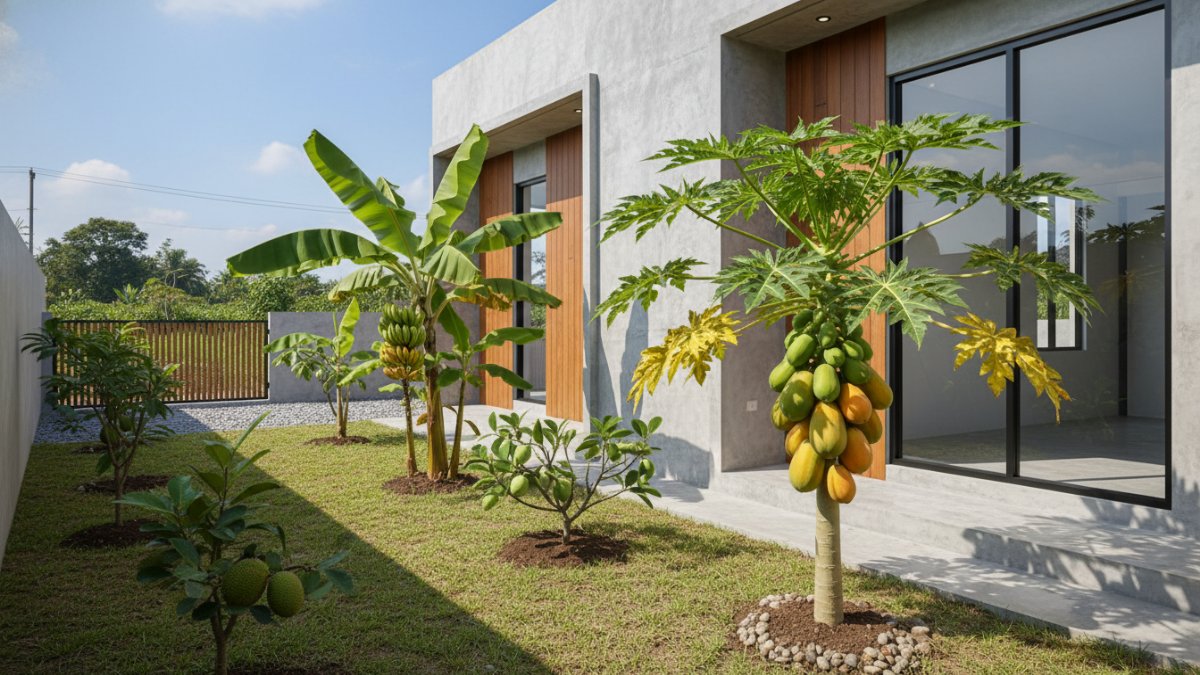 Contoh pepaya California berbuah lebat di halaman rumah minimalis.