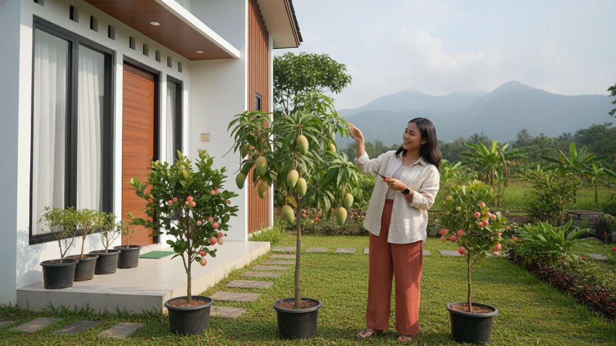 Strategi penataan pot tanaman buah di halaman rumah tropis.