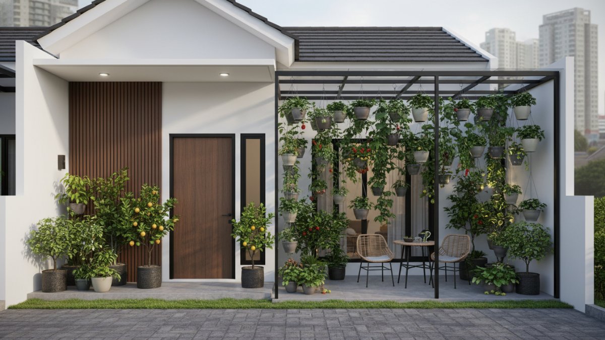Teras rumah minimalis dengan kebun buah gantung estetik dan produktif di ruang sempit.