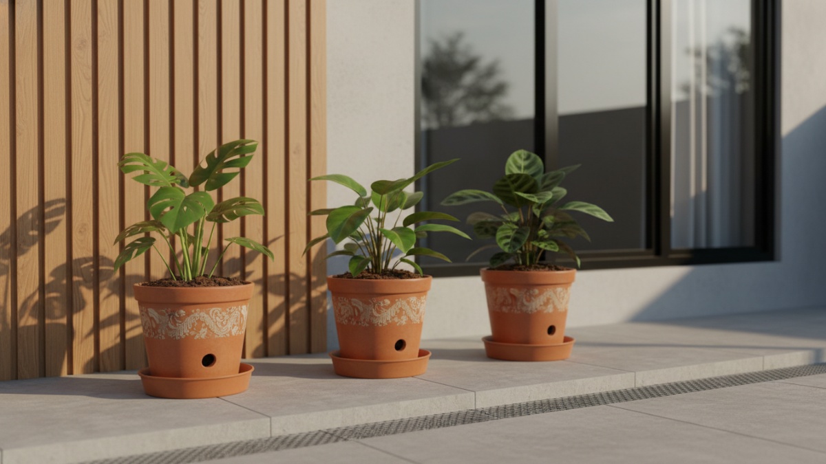 Detail lubang drainase pot gantung untuk mencegah genangan air.