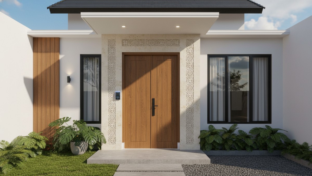Desain pintu utama tanpa handle 2026 dengan tampilan minimalis rata dan smart lock modern, cocok untuk fasad rumah urban.
